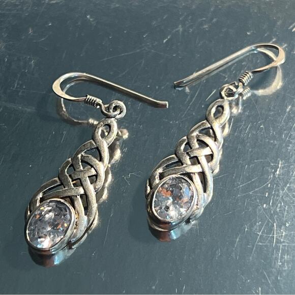 Genuine Silver with Oval Faux Stones in a CELTIC DESIGN Drop Earring - Picture 5 of 12